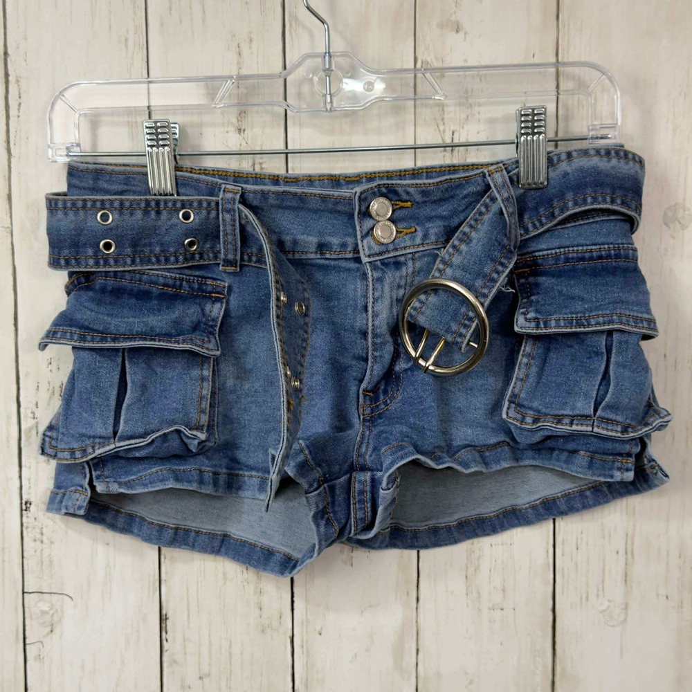 Angel Kiss Women's Y2K Style Blue Belted Cargo Denim Shorts Size XS